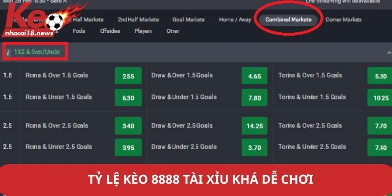 Tỷ lệ kèo 8888 tài xỉu khá dễ chơi